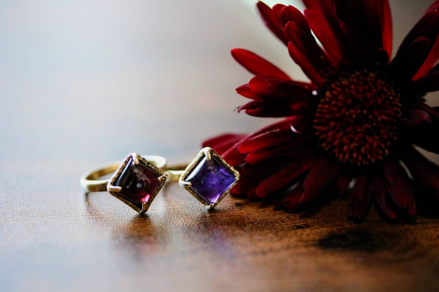 square garnet and amethyst rings