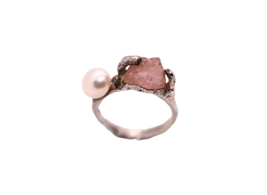 raw morganite pearl silver ring