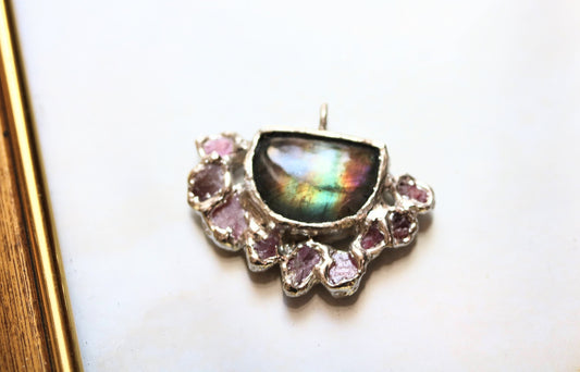 Pink Labradorite with Raw Red Spinels Silver Statement Pendant Necklace