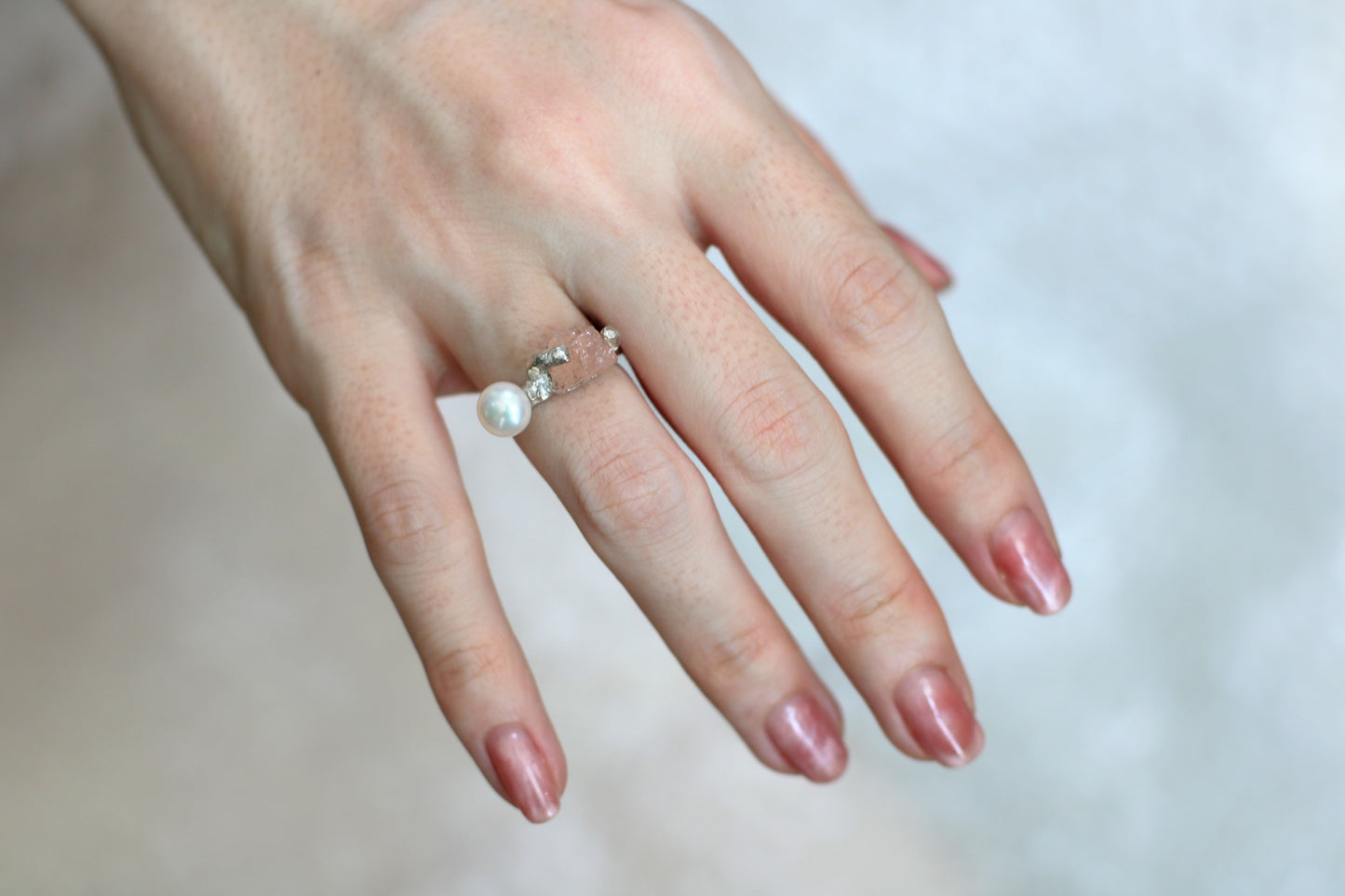 raw morganite and pearl silver ring