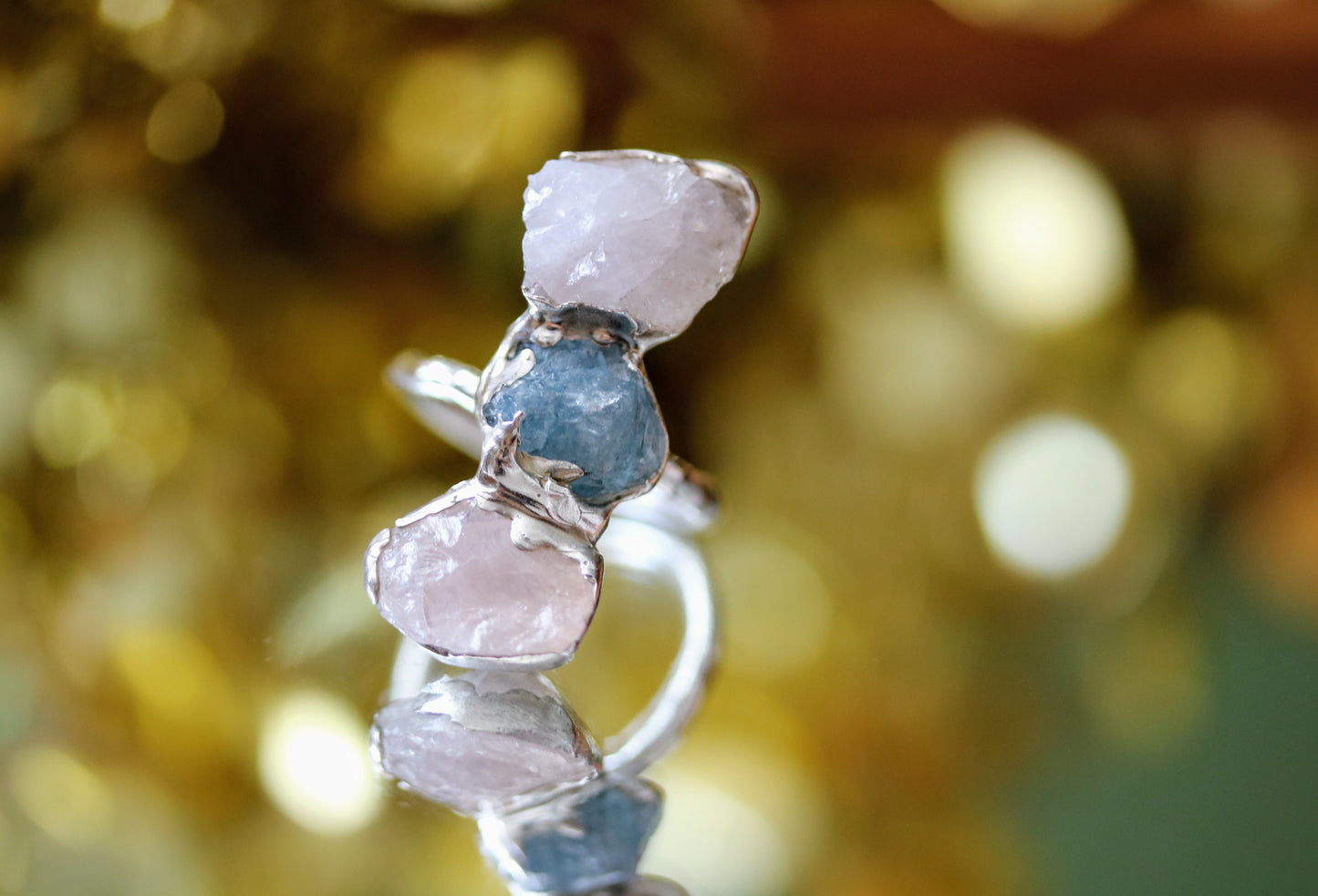 raw rose quartz raw aquamarine ring