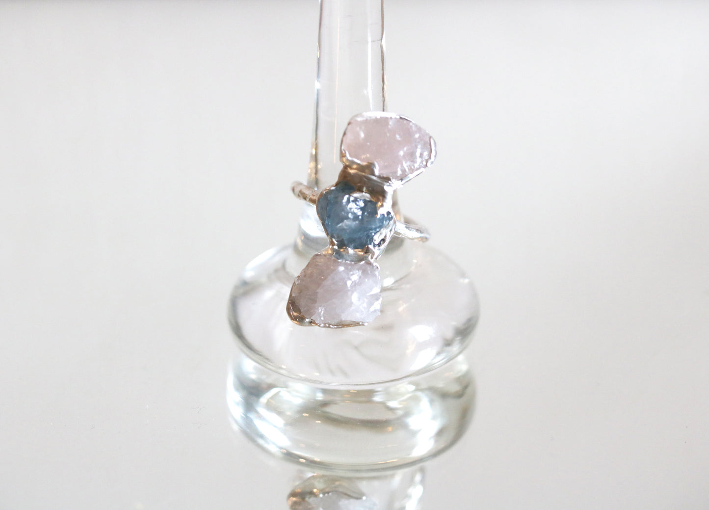 rough rose quartz and aquamarine ring