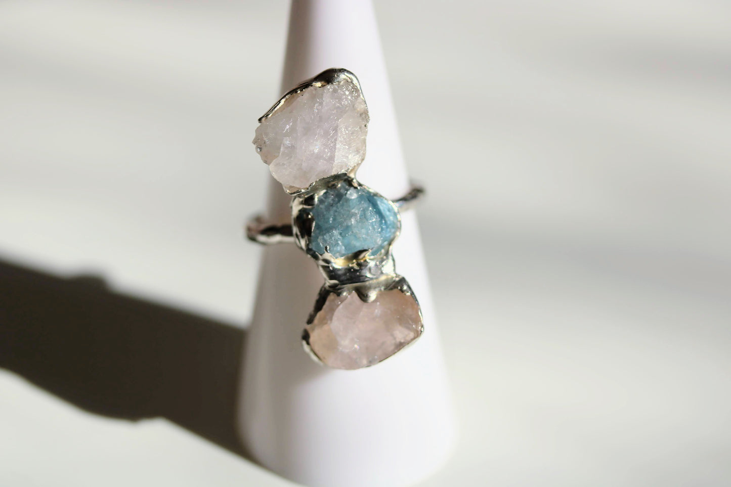 rough aquamarine and rose quartz ring