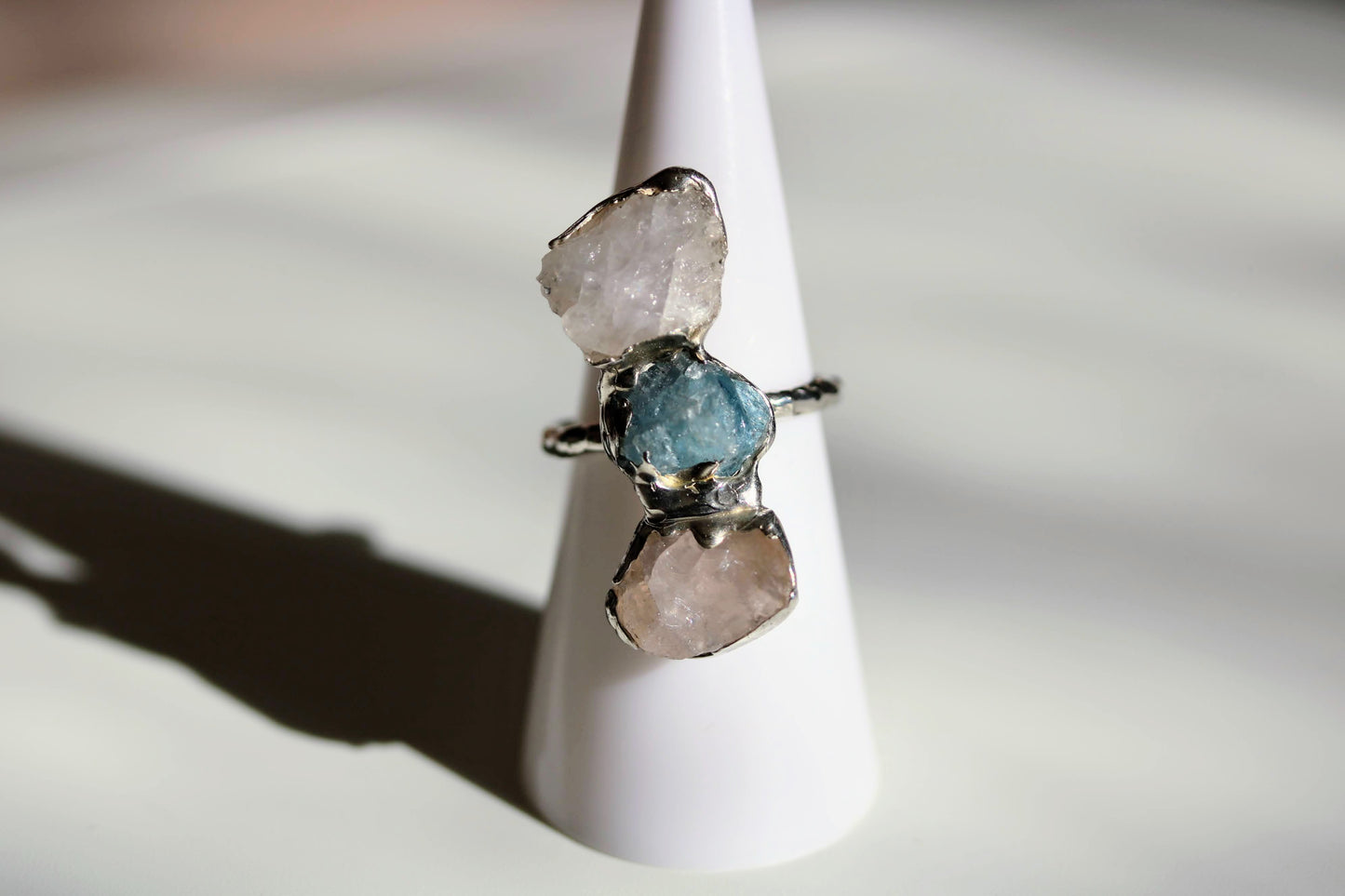 raw rose quartz and aquamarine silver ring