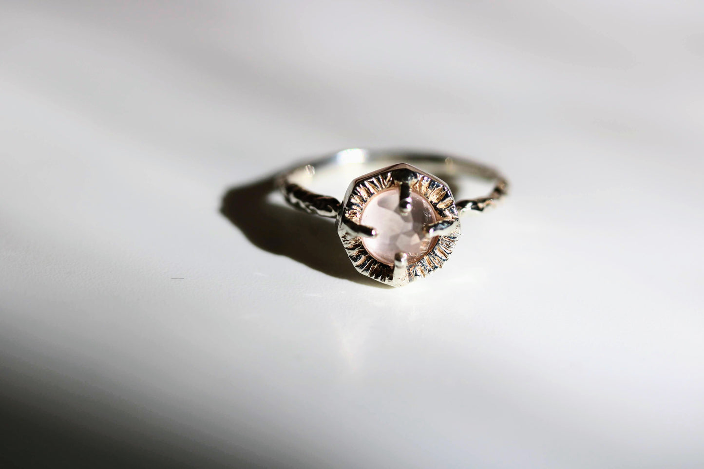 rose quartz silver hexagon ring