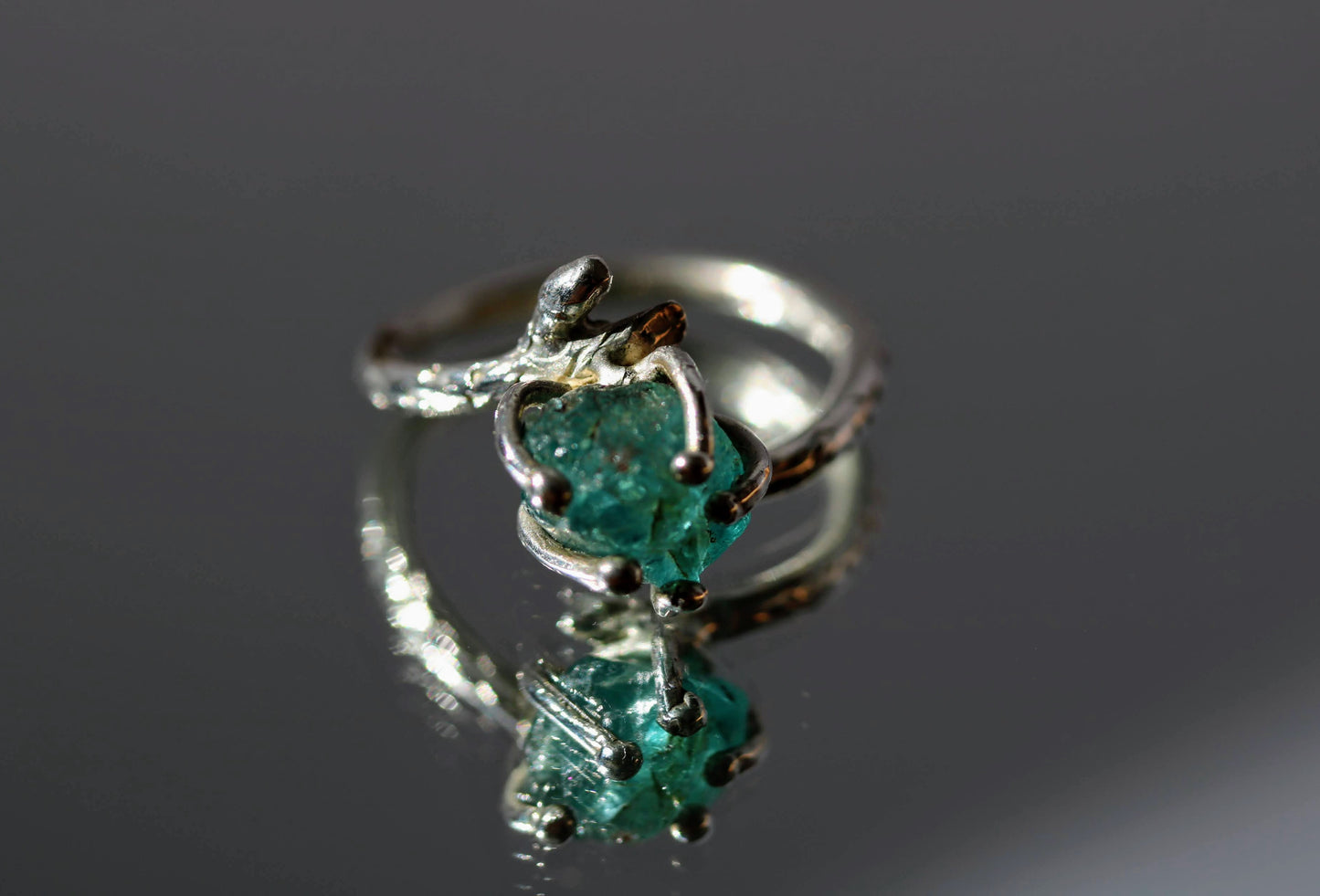 raw apatite silver twig ring