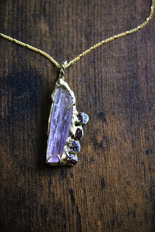 one of a kind kunzite spinel necklace
