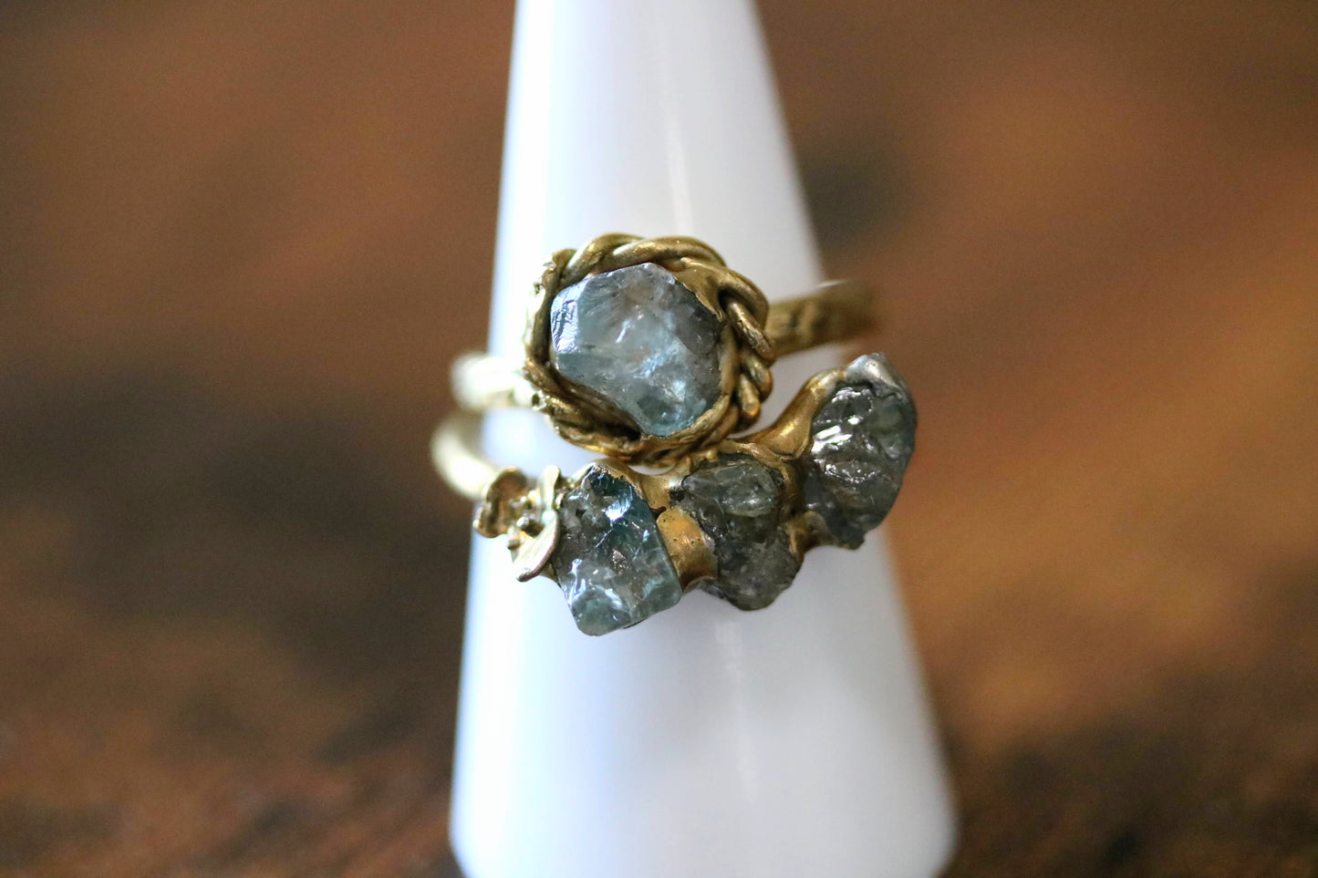raw aquamarine brass ring with aquamarine stacking ring