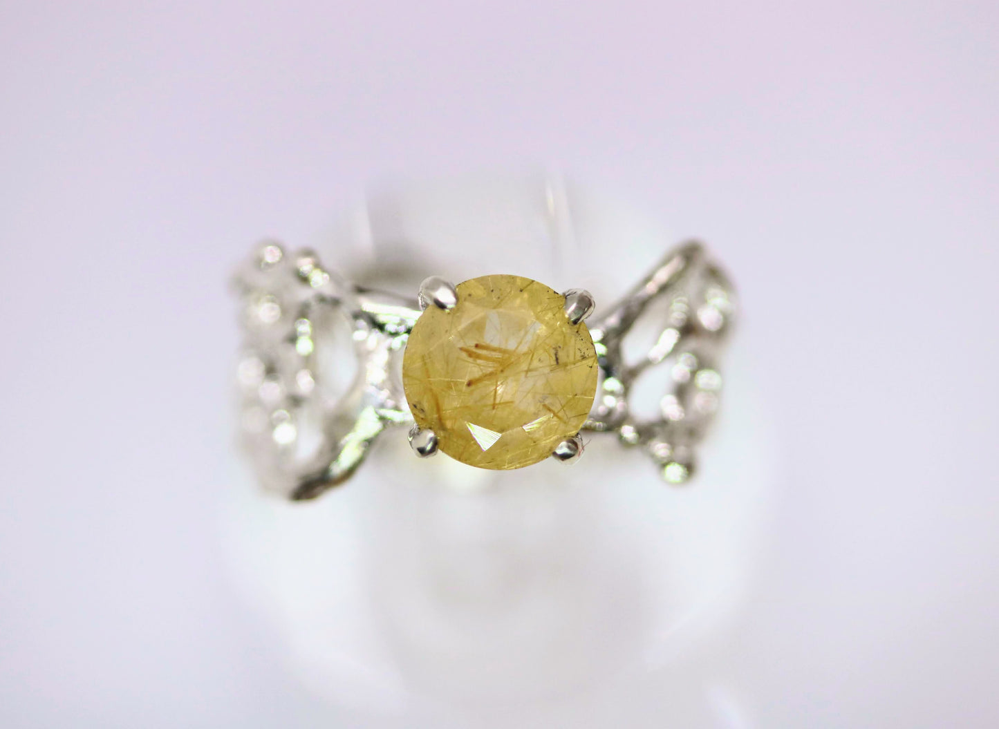 gold rutilated quartz silver ring