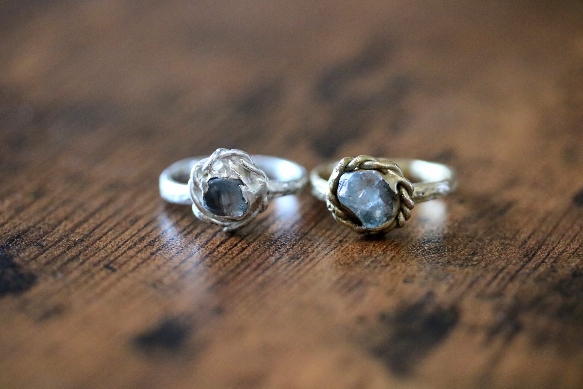 aquamarine and zircon brass and silver ring