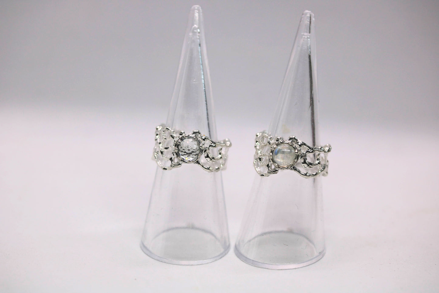 white topaz and moonstone silver rings