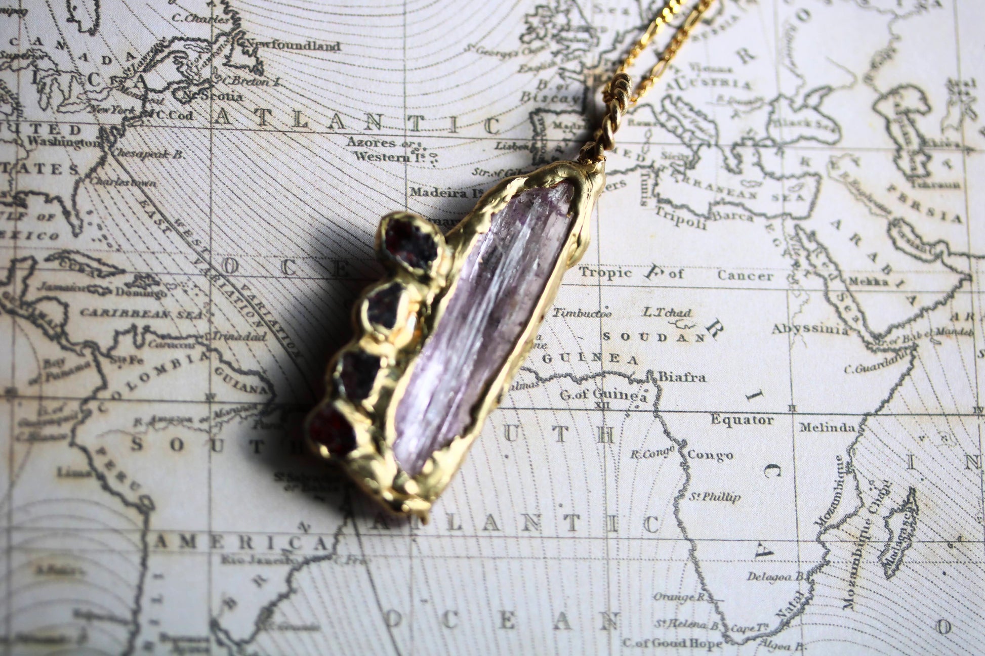 kunzite necklace with red spinel