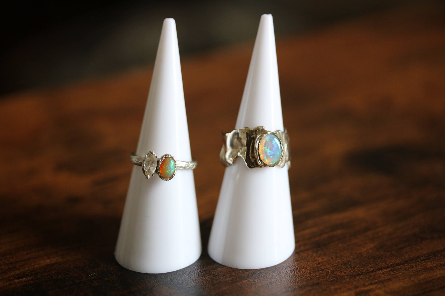 Opal Crescent Moon and Tourmaline Silver Ring