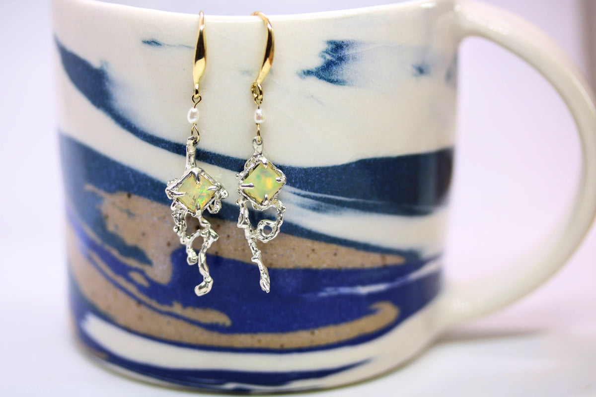 Opal Silver x Gold Mix Drop Earrings