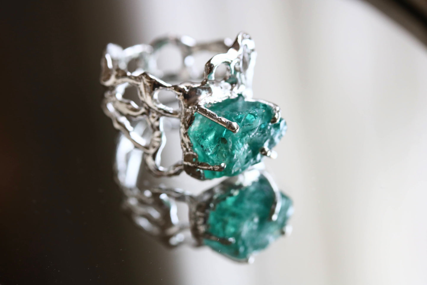 raw emerald apatite silver ring