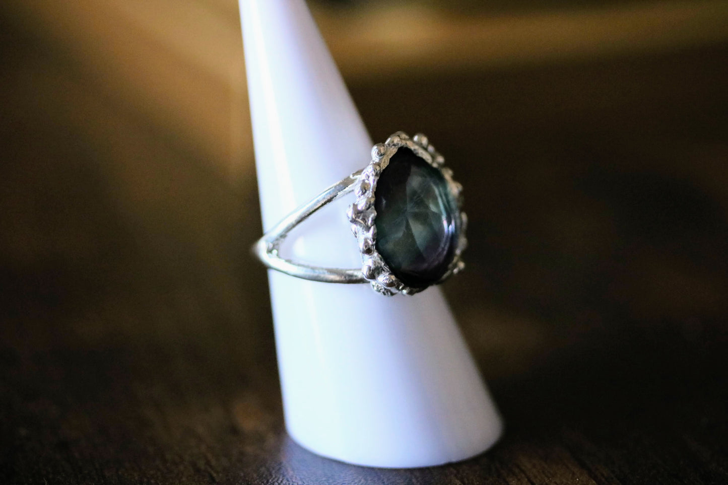 organic silver statement ring with fluorite