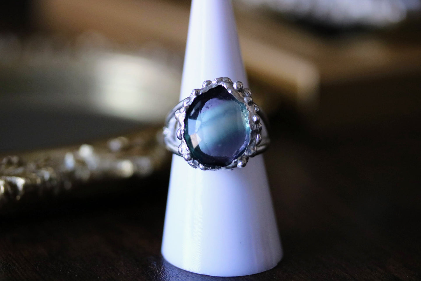 silver statement ring with fluorite