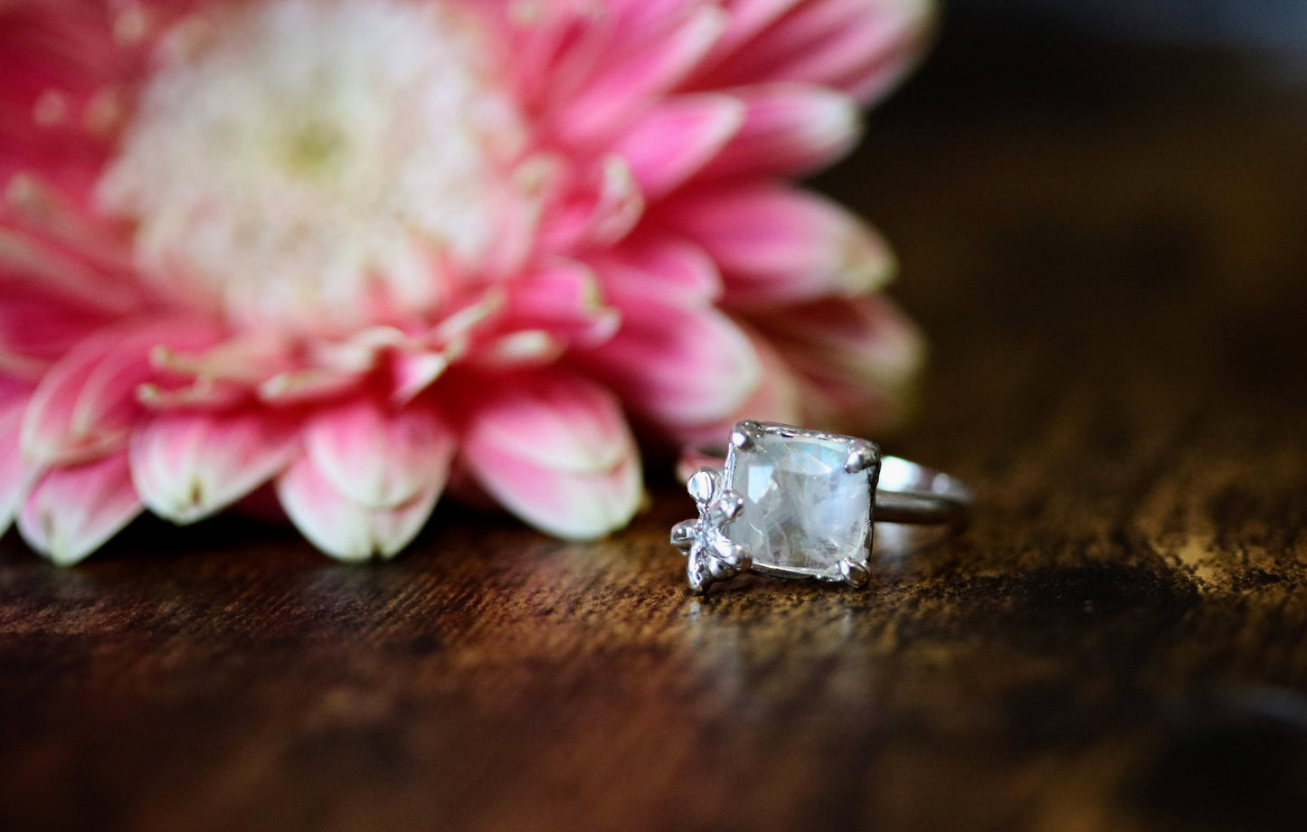 small flower charm silver ring with moonstone 