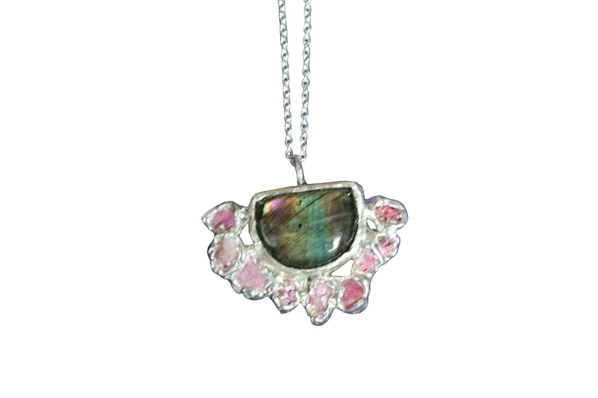 pink labradorite raw spinel pendant necklace
