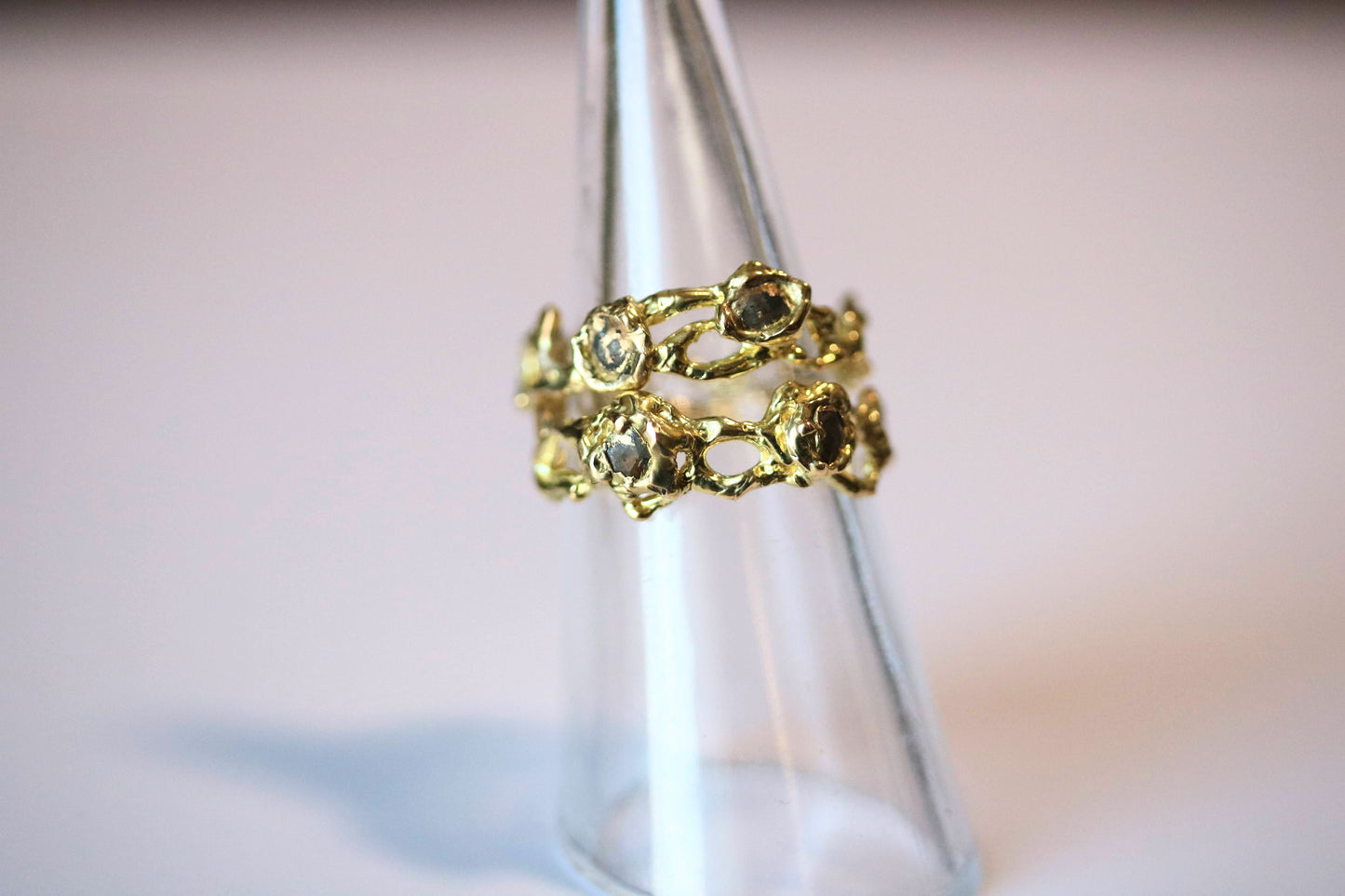 Jukai Gold Ring with Three Diamonds