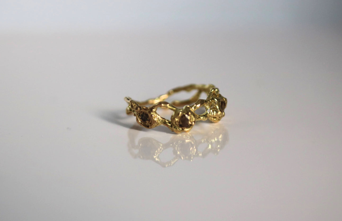 Jukai Gold Ring with Three Diamonds