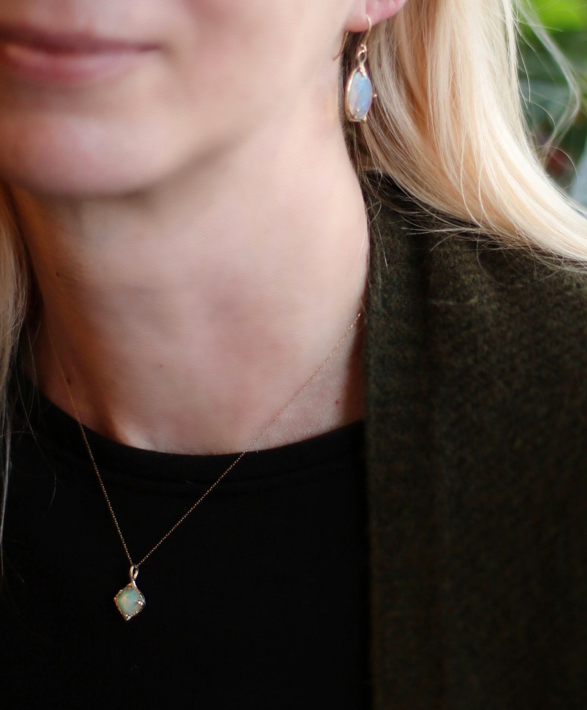 opal gold necklace and opal earrings