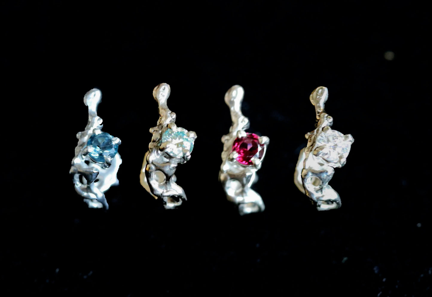 london blue topaz, moissanite, rhodolite garnet, moissanite earrings