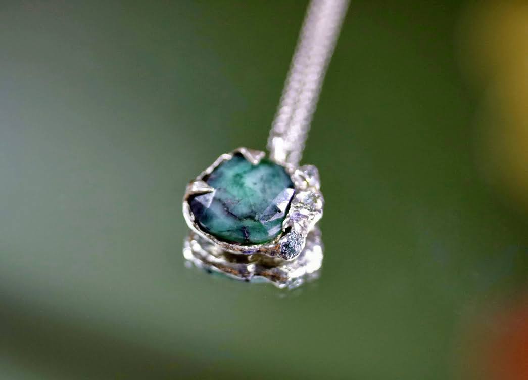 columbia emerald with raw blue diamonds necklace
