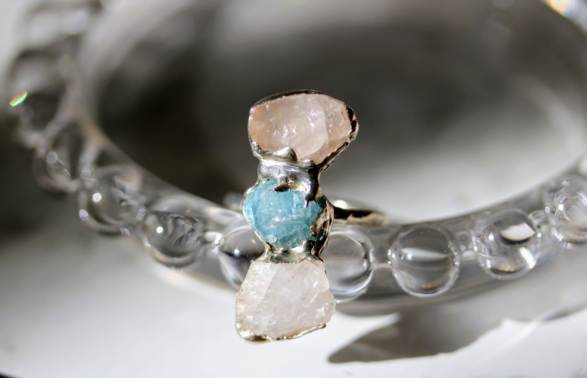 rough aquamarine and rose quartz statement ring