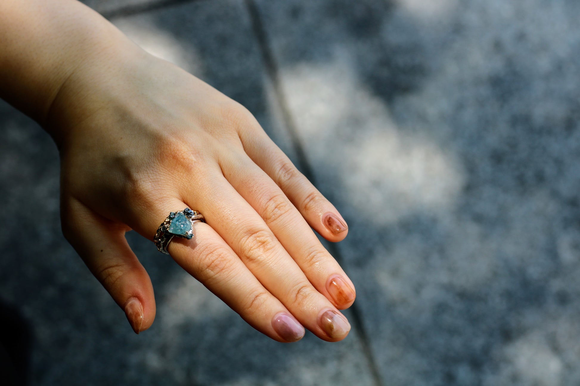 rough aquamarine silver ring with diamonds