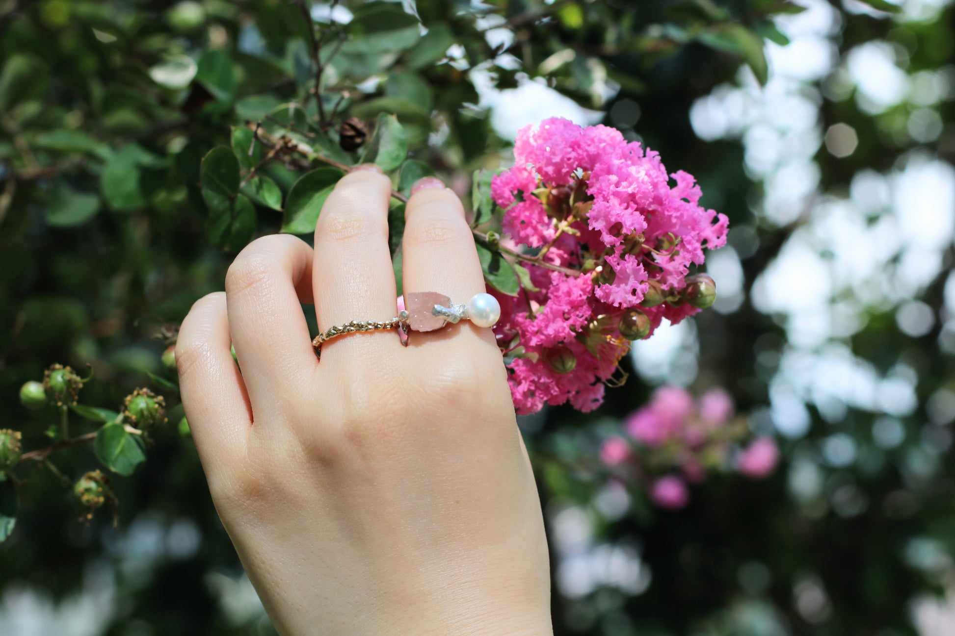 unique raw morganite and pearl ring