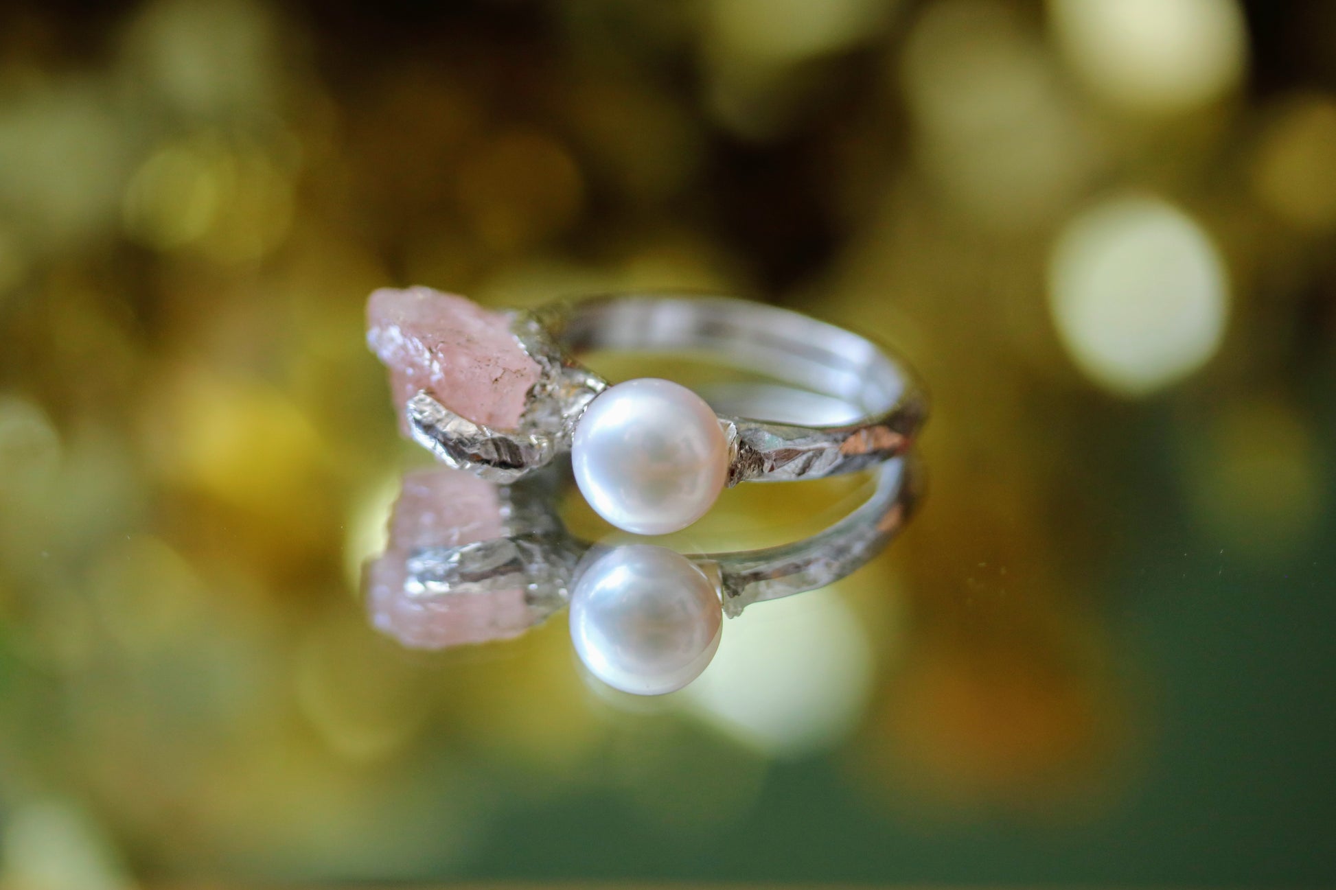 pink morganite pearl silver ring