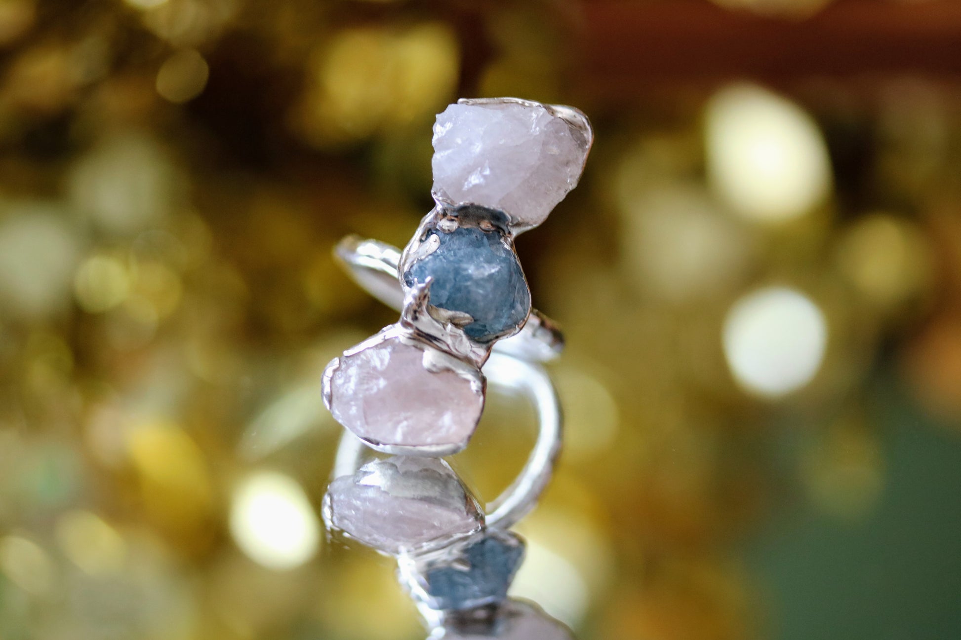 rose quartz raw aquamarine statement ring