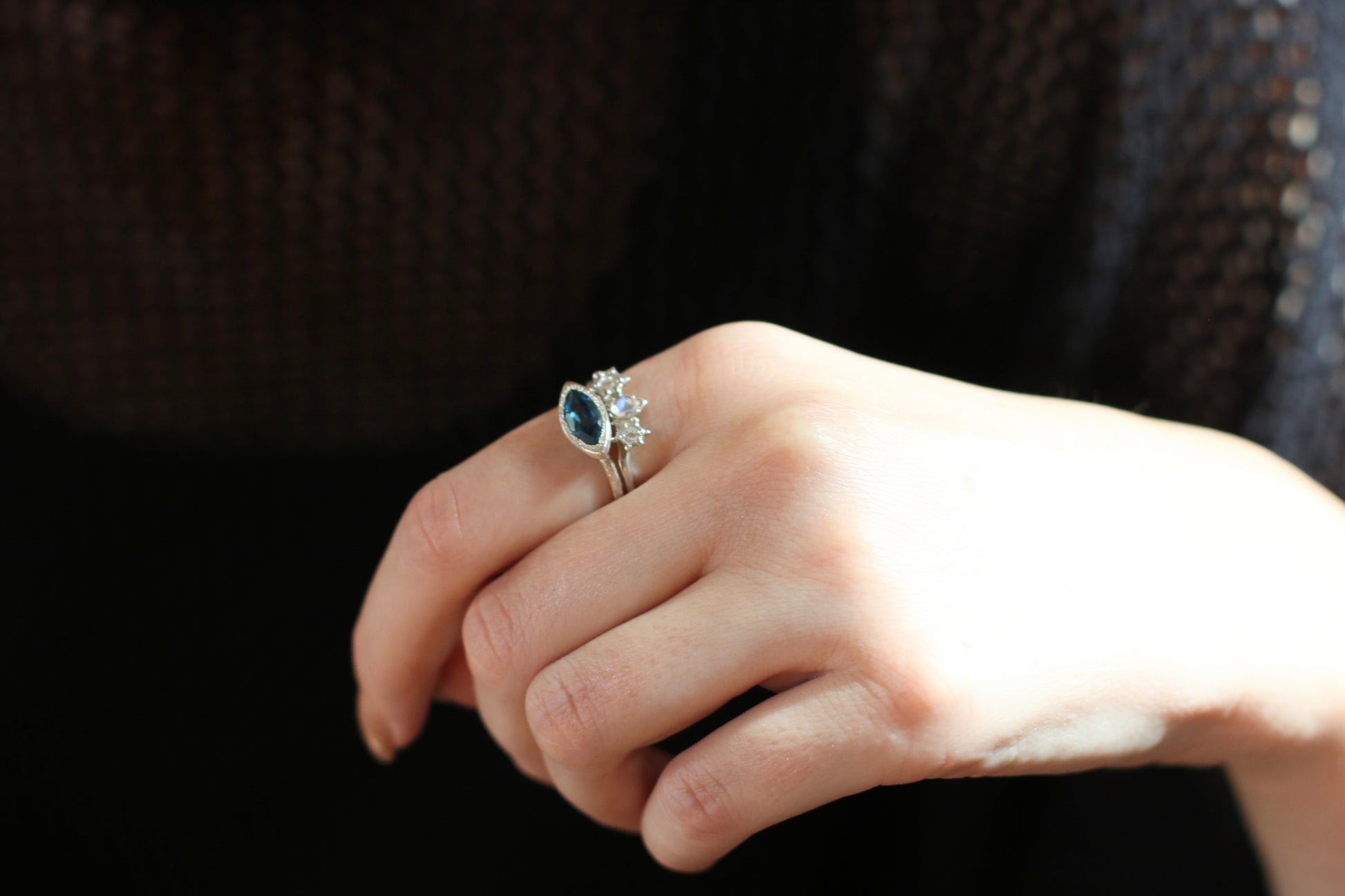 london blue topaz silver ring stacking with moonstone silver ring