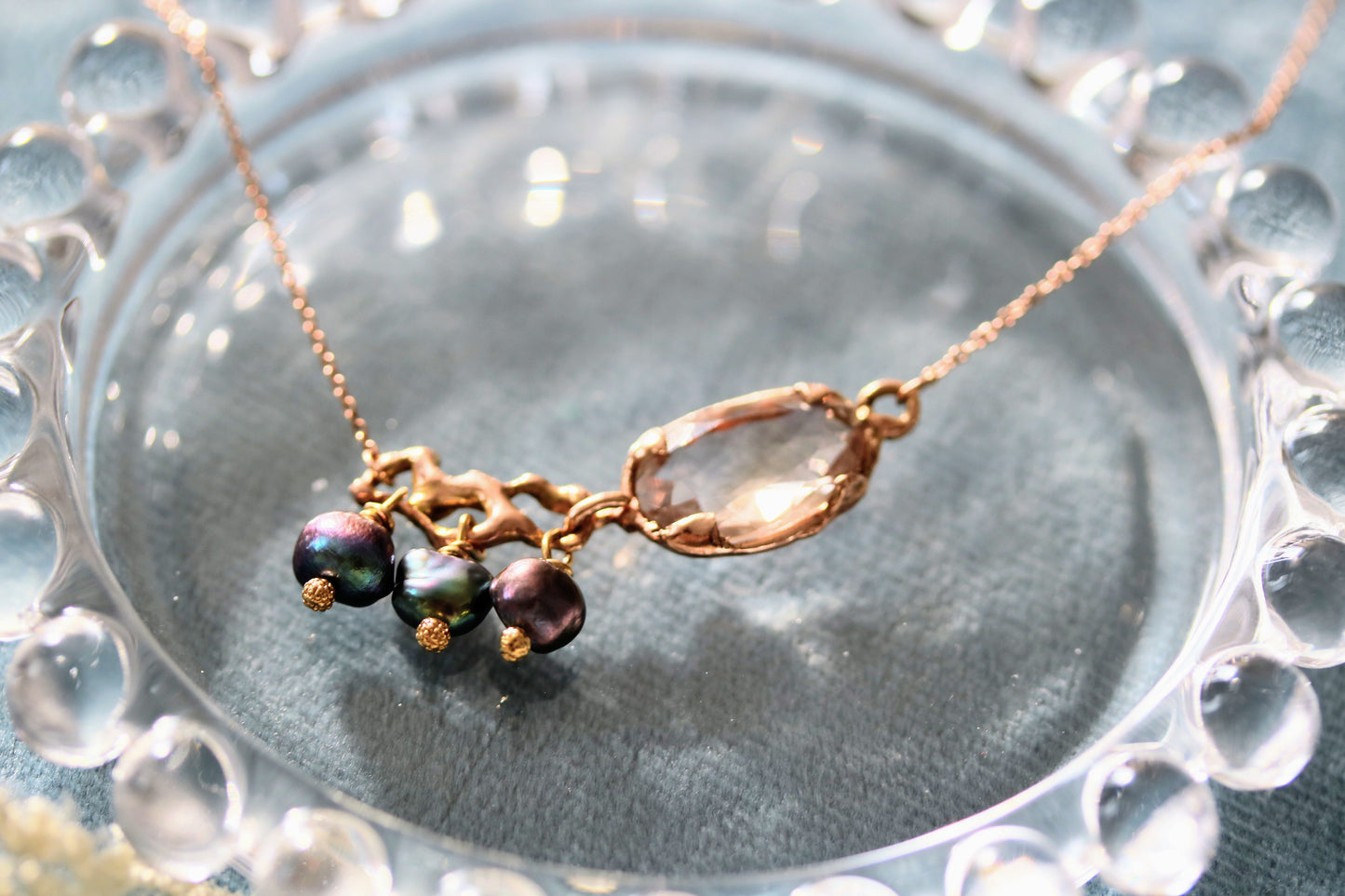 ametrin rose gold pendant with black pearls