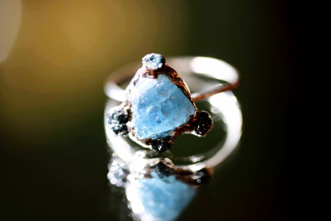 raw aquamarine raw diamond silver ring