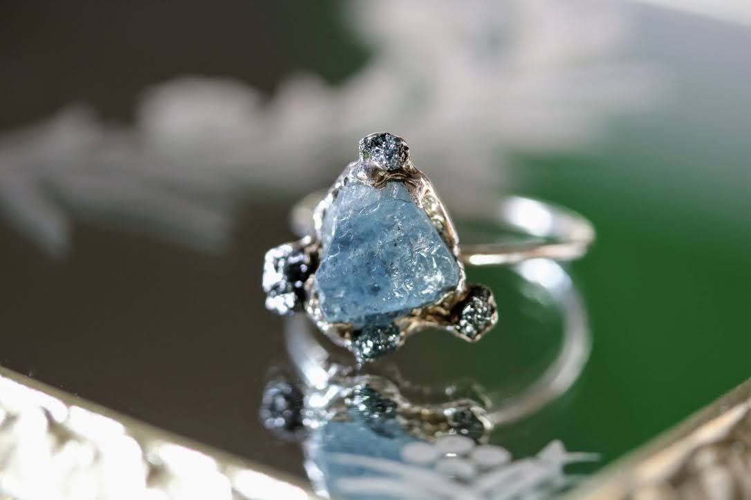 raw aquamarine blue raw diamond ring