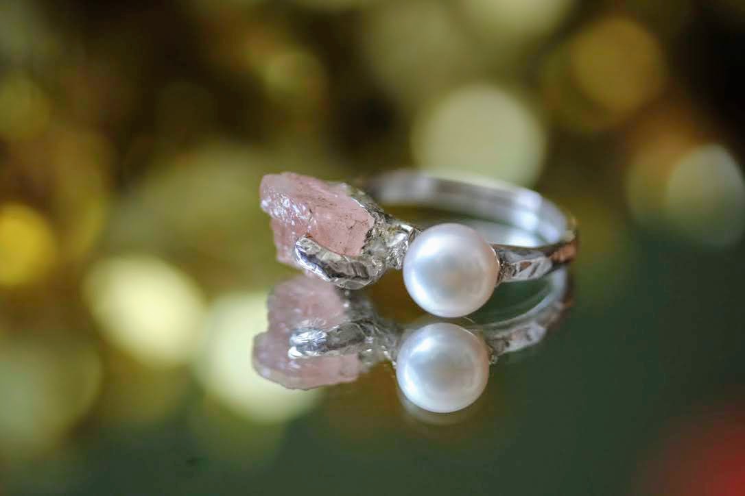 pearl and raw morganite silver ring