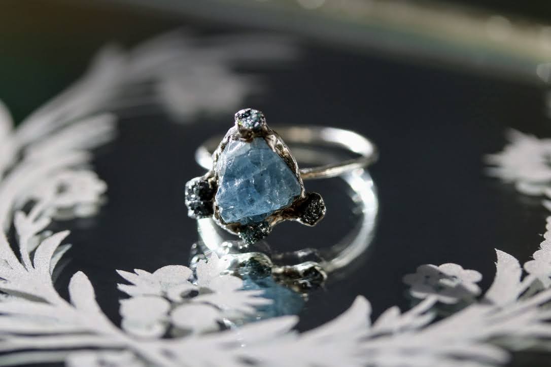 raw aquamarine blue diamond ring
