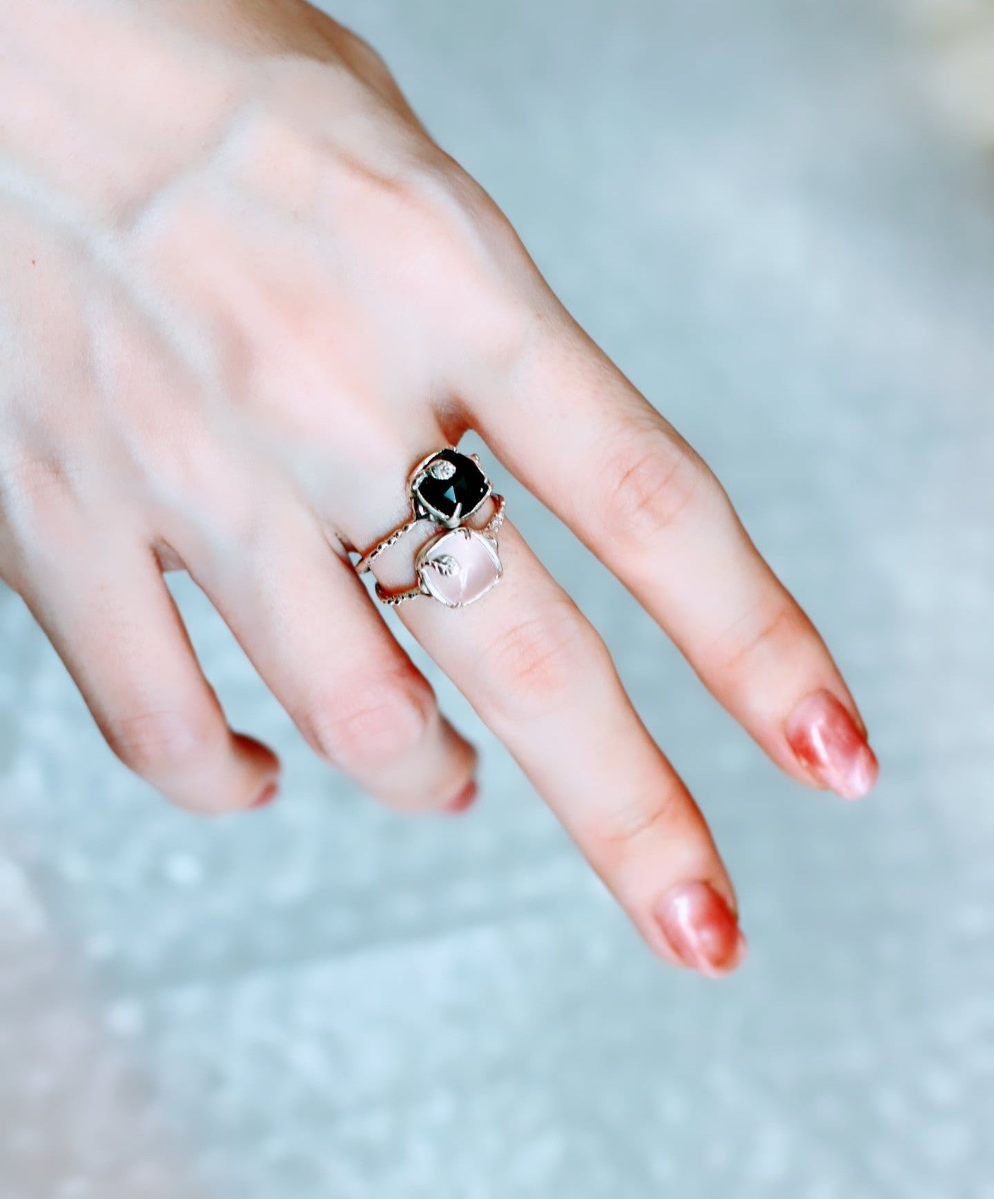 pink rose quartz and black spinel stacking ring