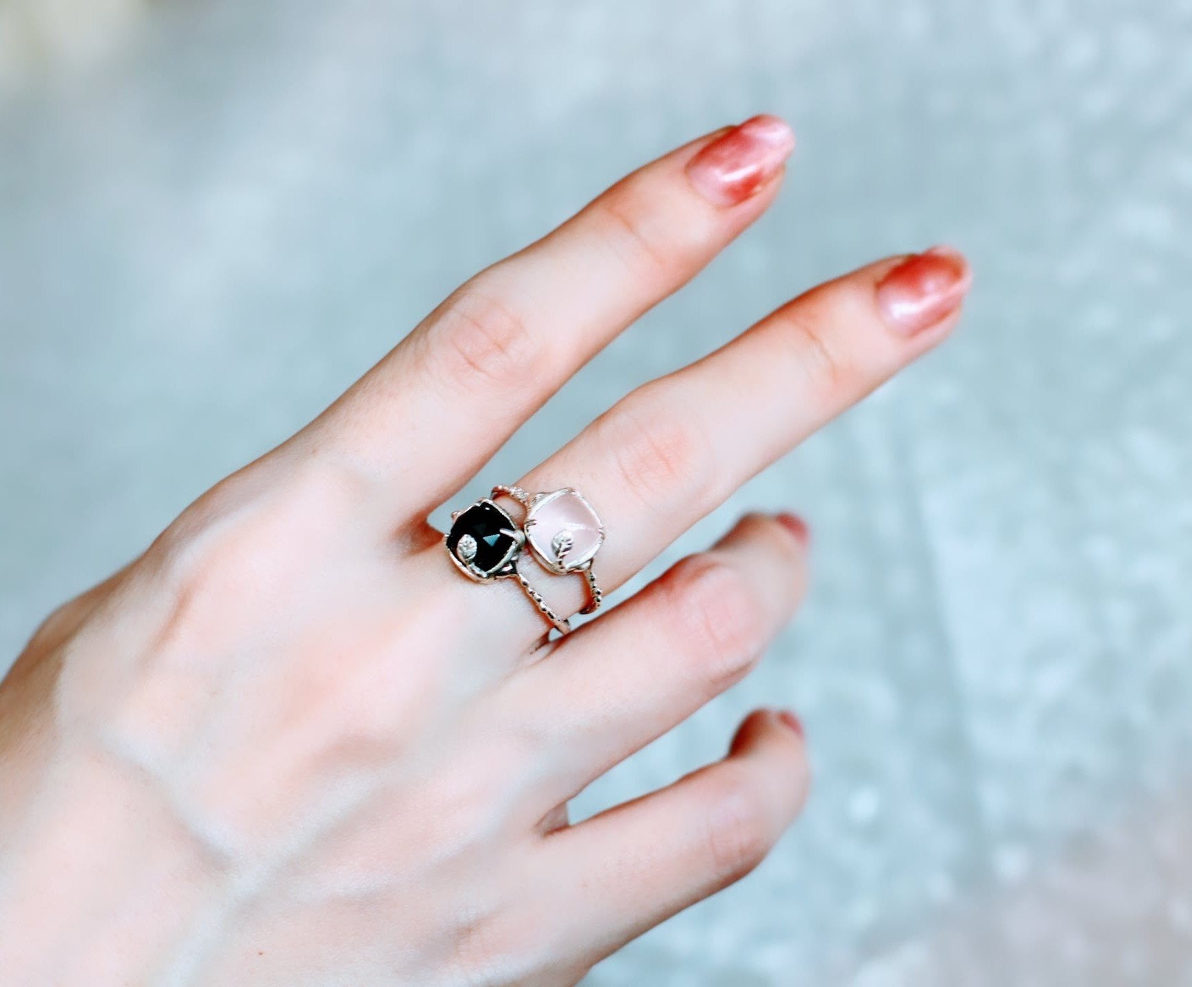 black spinel silver stacking ring