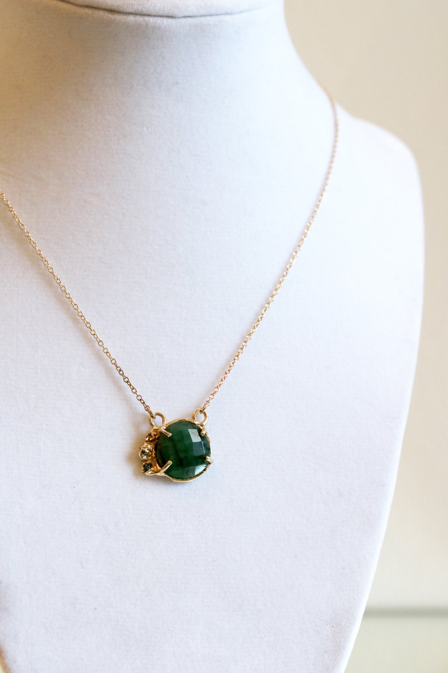 Emerald and Raw Diamond Yellow Gold Necklace