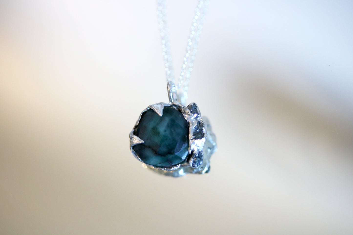 emerald raw diamond silver pendant
