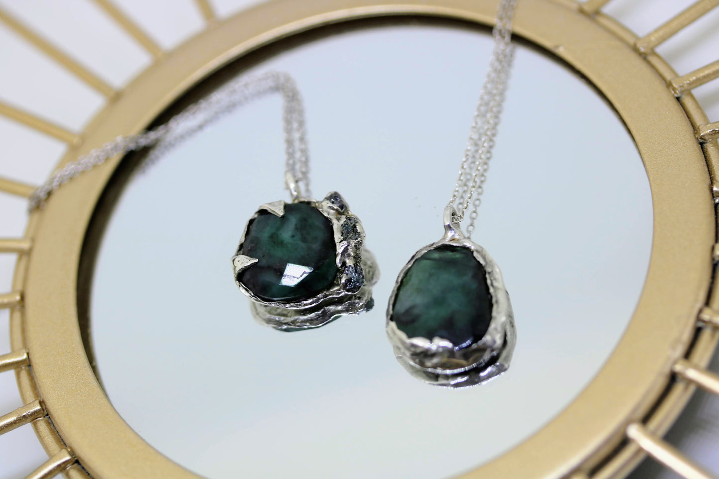 emerald silver raw diamond necklace