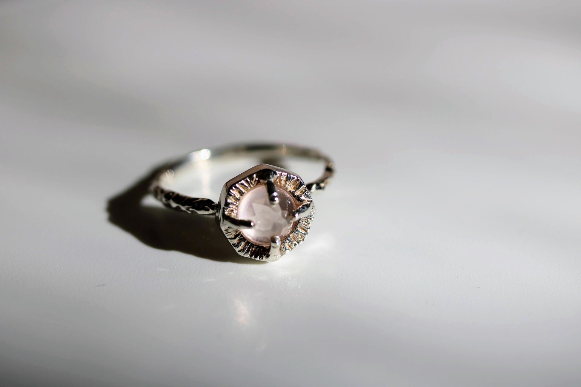 rose quartz silver hexagon ring