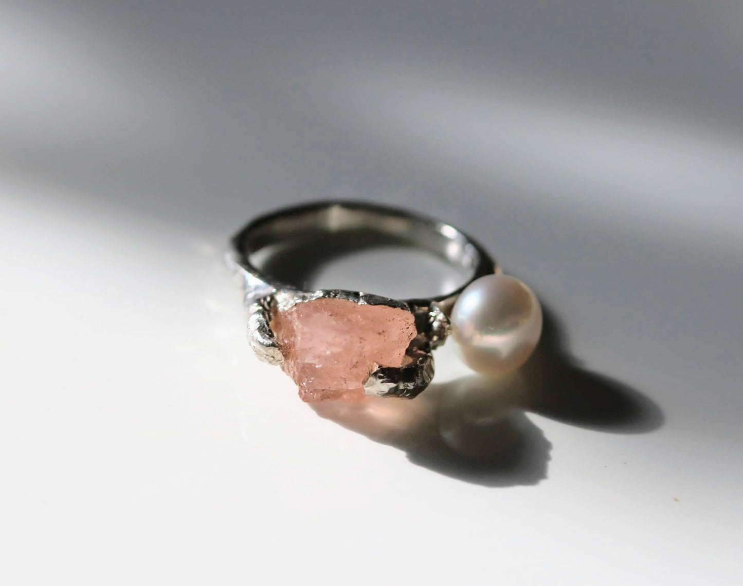unique raw morganite and pearl silver ring