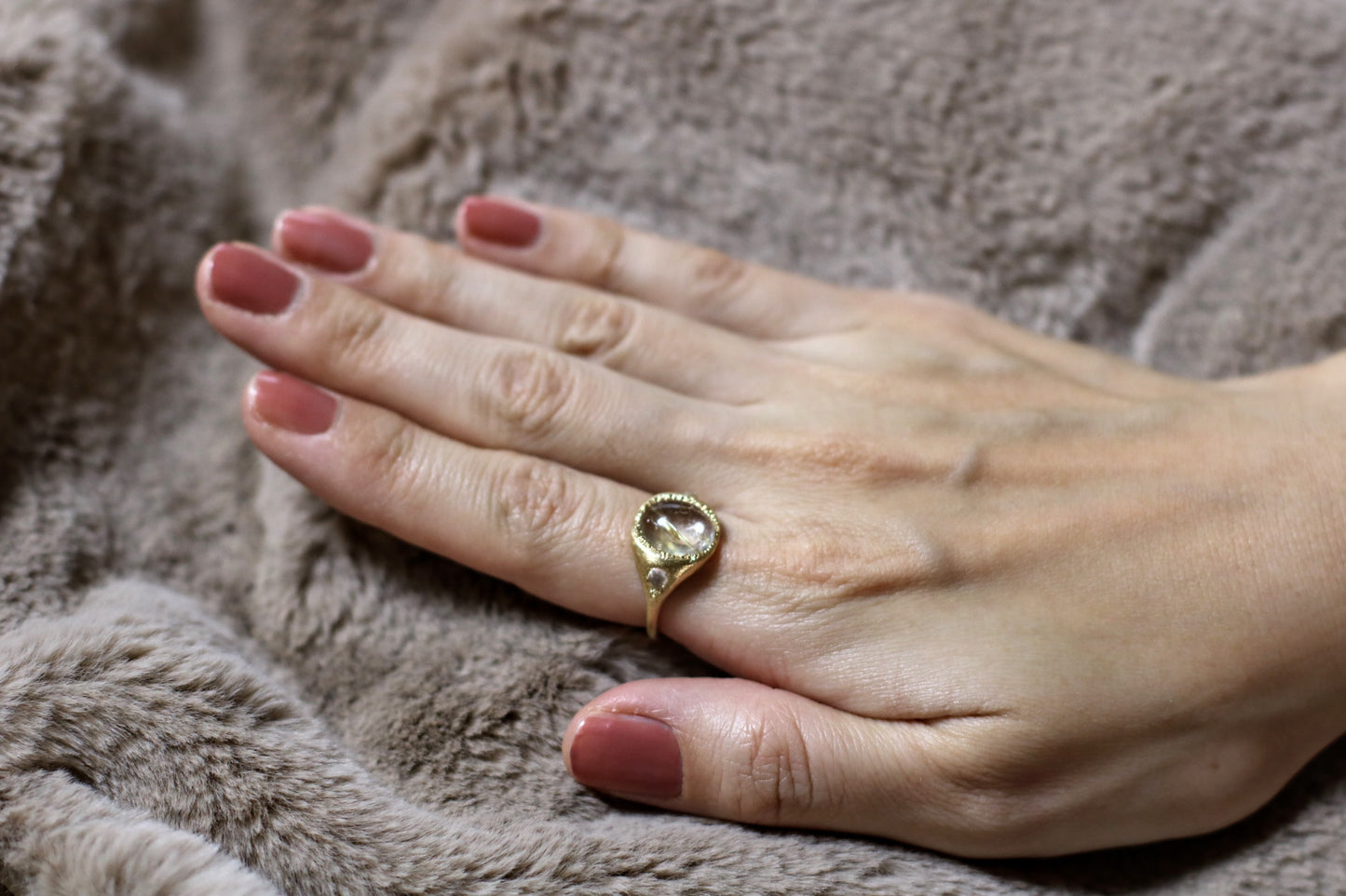 yellow gold rutile quartz ring with moonstone ring