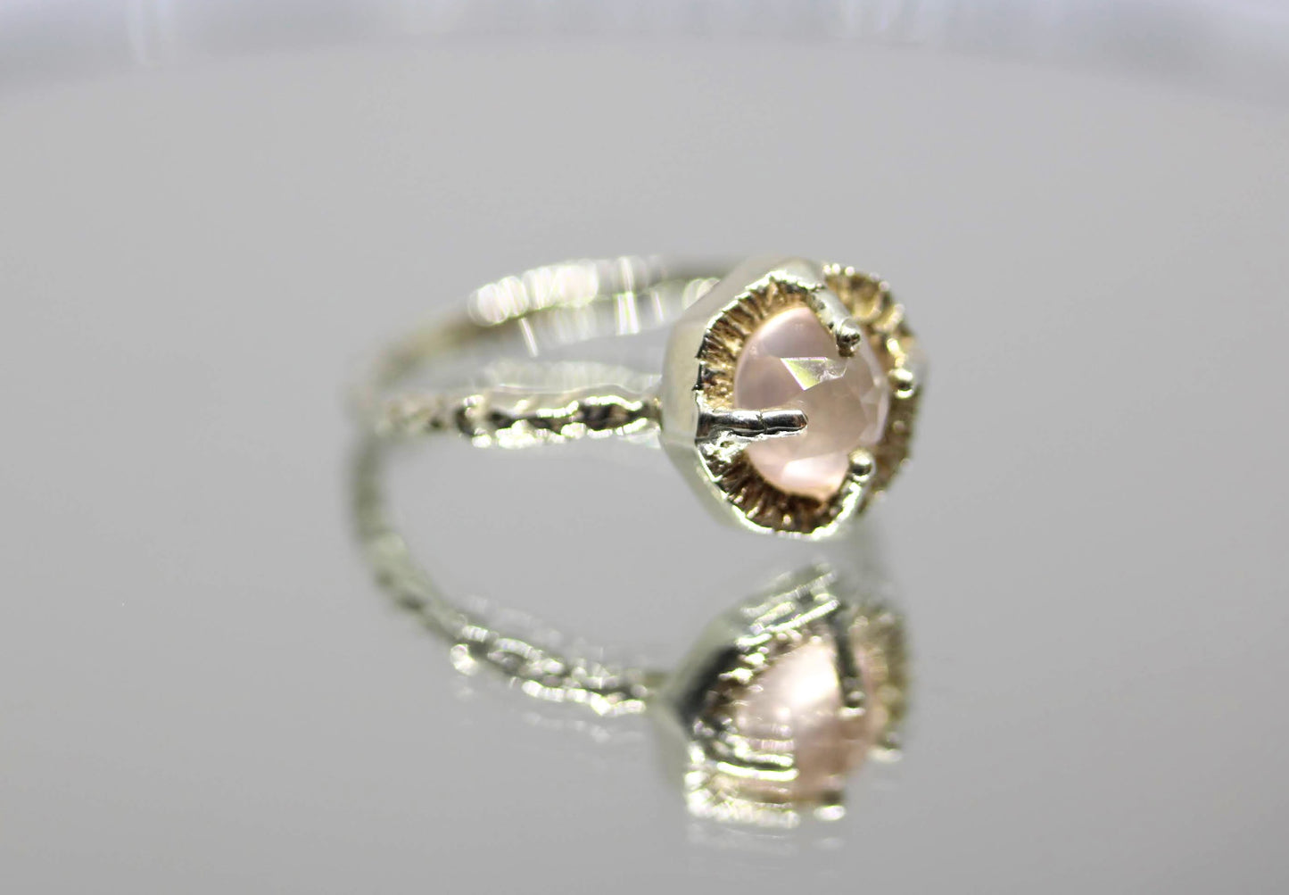 rose cut rose quartz silver ring