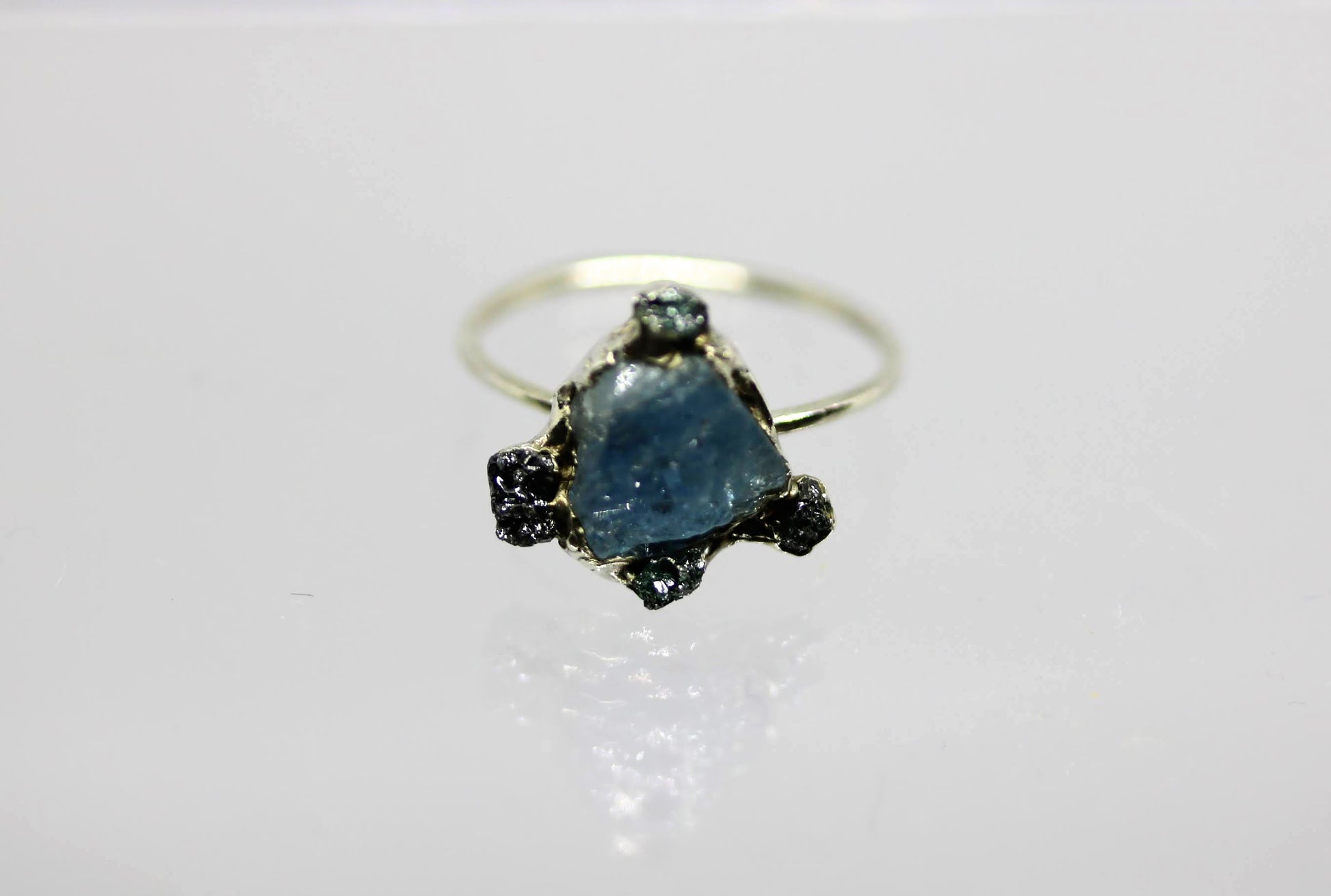 raw aquamarine and raw diamond ring