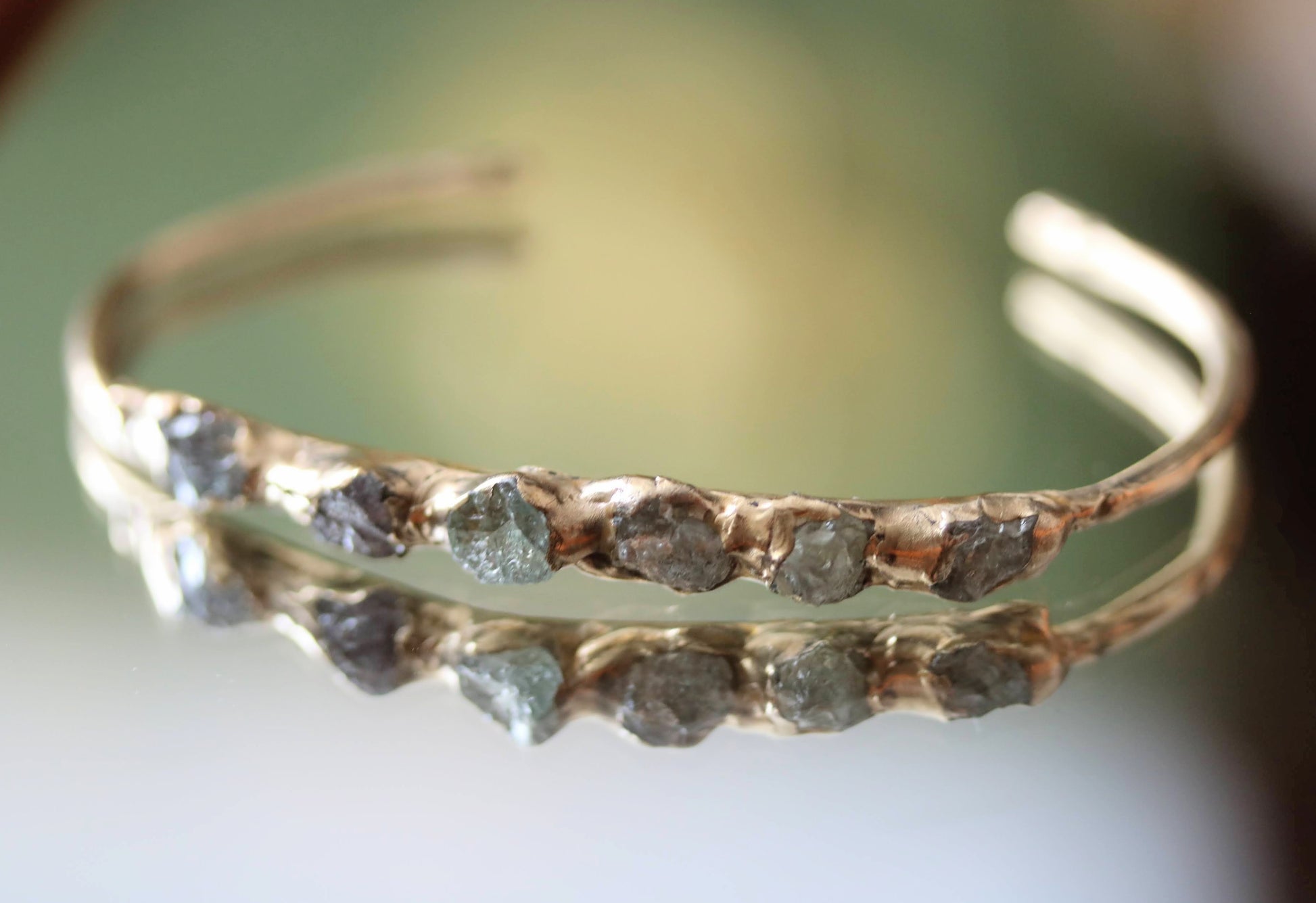 Raw Sapphire aquamarine and Zircon cuff bracelet